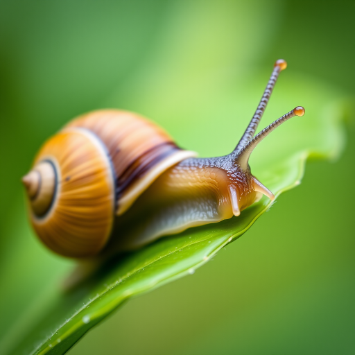 Close-up of a snail on a green leaf, using a macro lens at f/2.8, 1/100 sec, ISO 200, natural light, shallow depth of field, DSLR camera.