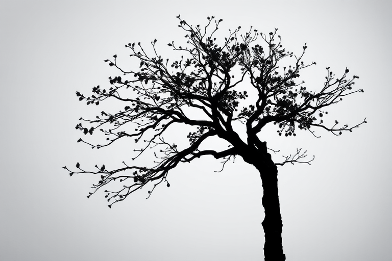 Create a high-resolution image of a stylized black silhouette of a tree with intricate branches and leaves against a contrasting background, using a DSLR camera with a 50mm lens, aperture set to f/1.8, ISO 100, and a shallow depth of field to enhance the silhouette effect, captured from a slightly elevated angle for a dynamic view.