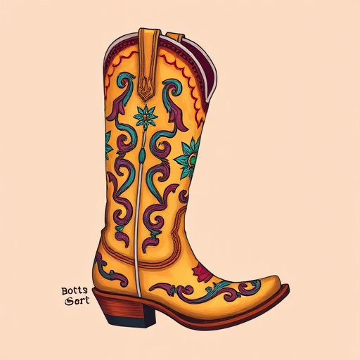 Create an illustration of a cowboy boot with intricate designs in a vibrant color palette, using a DSLR camera with a 50mm lens, aperture set to f/2.8, ISO 100, shot in natural light for enhanced detail and clarity.