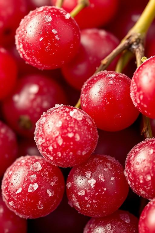 close-up of glistening red currants coated in sugar with soft, diffused lighting, aperture f/2.8, shutter speed 1/125 sec, ISO 200, macro lens, DSLR camera, natural light.