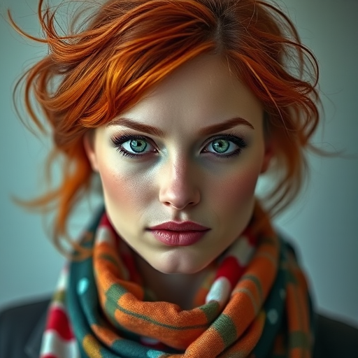 Regenerate a portrait of a woman with flowing red hair and striking green eyes, wearing a colorful scarf, captured with a DSLR camera at f/1.8 aperture, ISO 100, 85mm lens, with soft diffused lighting for a vibrant, high-quality image.