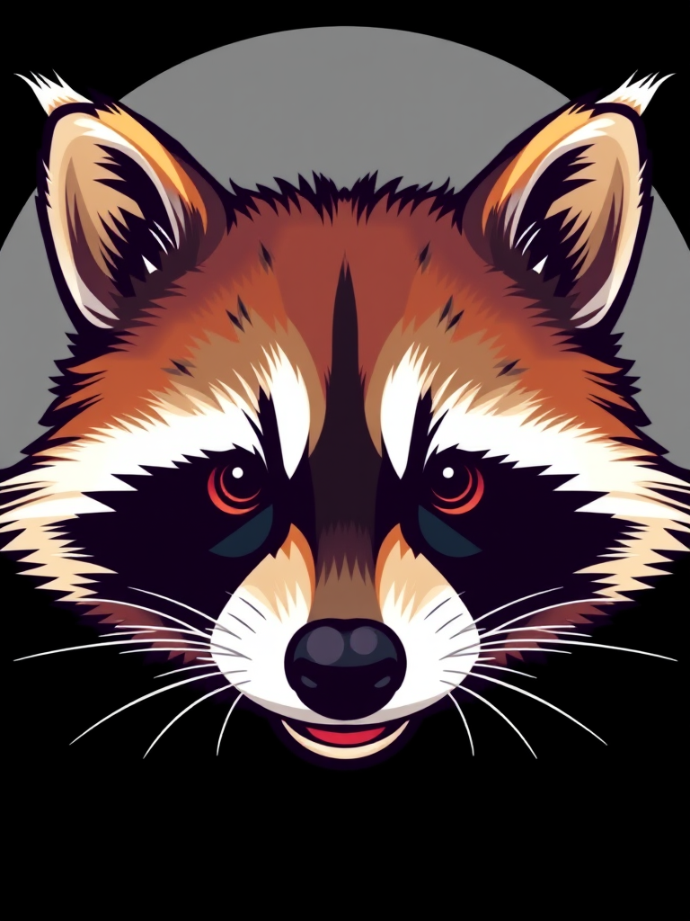 A stylized raccoon head illustration, vibrant colors, high contrast, digitally drawn, camera settings: ISO 100, aperture f/8, shutter speed 1/200 sec, camera view: front view, camera style: vector art, camera type: digital illustration.
