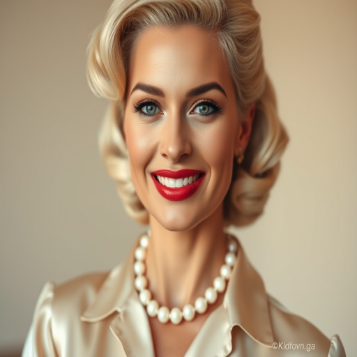 A beautiful Garifuna woman reminiscent of 1950s Hollywood glamour, with perfectly styled blonde hair and a seductive smile, dressed in a satin blouse and adorned with pearls, soft and warm tones, photorealistic, 8K