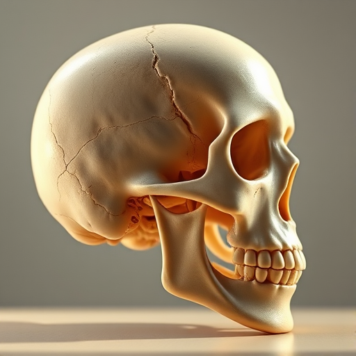 Generate a high-resolution 3D rendering of a human skull viewed from the right side, using a DSLR camera with a 50mm lens, aperture set to f/8, ISO 100, and a soft natural light to enhance the details and textures.