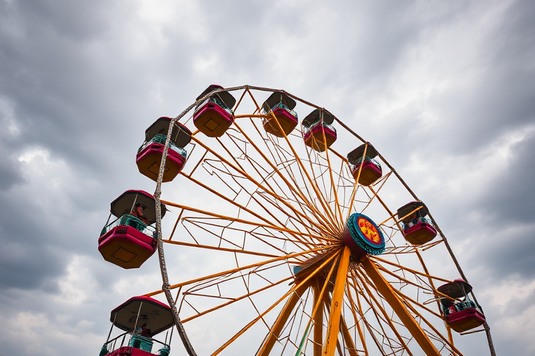 Capture a close-up shot of a colorful Ferris wheel with passengers in gondolas against a cloudy sky, using a DSLR camera with a 50mm lens, aperture set to f/2.8 for shallow depth of field, ISO 200 for bright conditions, and a shutter speed of 1/500s for capturing motion.