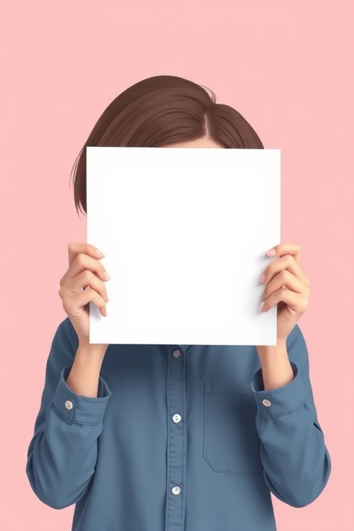 Create a stylized illustration of a person holding a blank sign in front of their face with a sad expression, using a soft pastel background, captured with a DSLR camera, 50mm lens, f/1.8 aperture, ISO 100, natural lighting, shallow depth of field to enhance focus on the subject.