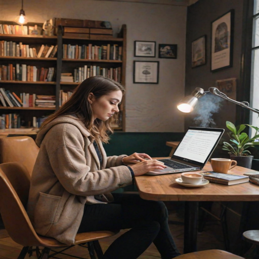 Cozy corner of a café, with a woman typing on her laptop, surrounded by books and a steaming cup of coffee, soft jazz music playing in the background, creating a perfect workspace.