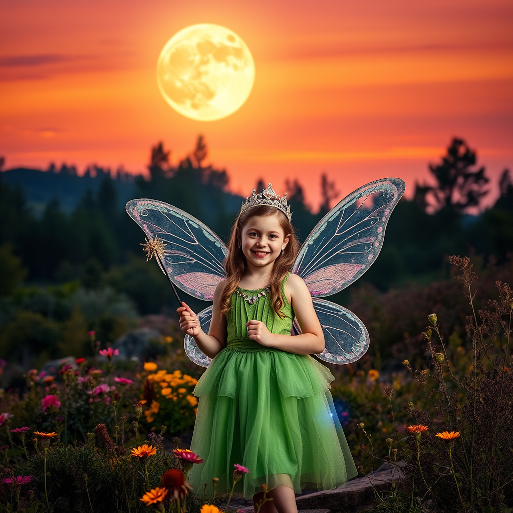 A vivid photo  taken under a bright camera flash of a fantastical scene set against a backdrop of a forest during sunset. The main subject is a girl dressed as a fairy, adorned with translucent wings and a green dress, holding a wand, her face is happy, and she wears a crown on her head. The forest behind her is a blend of flowers, shrubs and trees. The sky is painted in hues of orange and pink, with a large, glowing moon casting a warm glow over the scene. The overall color palette is dominated by earthy tones.