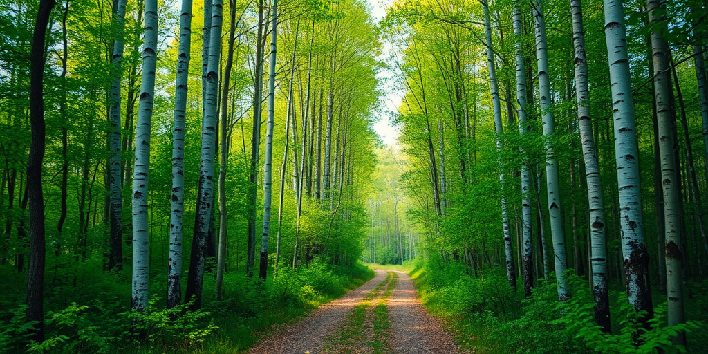 forest pathway surrounded by tall birch trees with vibrant green foliage soft morning light, depth of field, f/4.0 aperture, ISO 200, 24mm lens, shot from eye level, DSLR camera, high dynamic range imaging