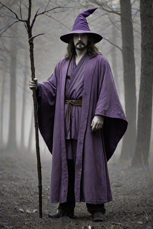sketch, monochrome, greyscale, 1boy, solo, male focus, mature male, wizard, long hair, brown hair, black eyes, looking at viewer, hat, facial hair, beard, mustache, staff, wizard hat, purple hat, shirt, collared shirt, robe, purple robe, cloak, holding, holding staff, upper body, standing, outdoors, forest, nature, tree, fog, dark background