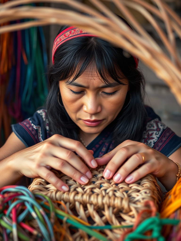 Close-up of a woman’s hands weaving a traditional basket, with colorful materials surrounding her, and soft light illuminating her focused expression, showcasing craftsmanship and skill.