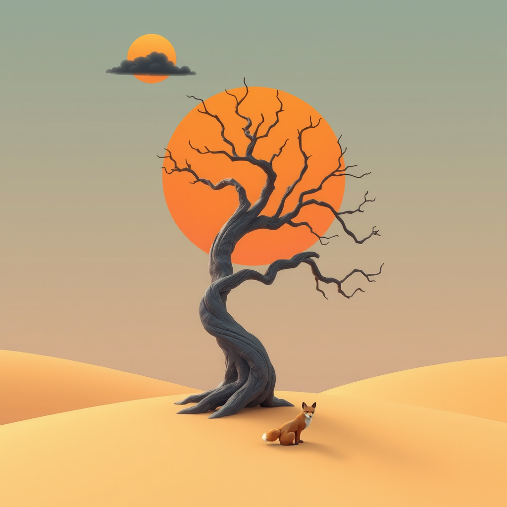 3D Geo-abstract landscape pastel muted colours. abstract tree with twisted contorted trunk. round vivid orange opaque sun in sky with single dark cloud. tiny fox. Topaz Look filter applied plus Topaz edge. Generative fill with some objects in PS.