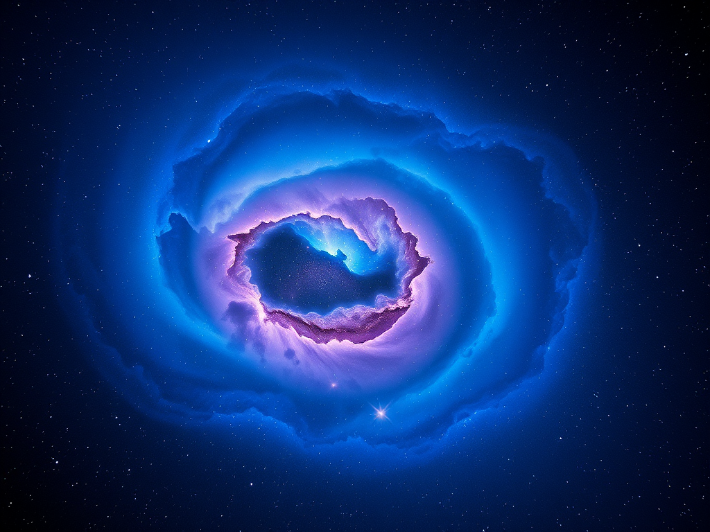 Create a vibrant cosmic scene featuring swirling nebulae in shades of blue and purple, scattered bright stars across a dark background, captured with a wide-angle lens at f/2.8, ISO 800, shutter speed 15 seconds, using a digital mirrorless camera for enhanced clarity.