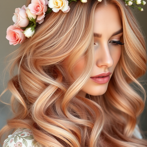 Romantic close-up captures Rose Gold Goddess long hair, a soft blend of peachy pink and pale gold hues, styled in loose romantic curls with floral accessories