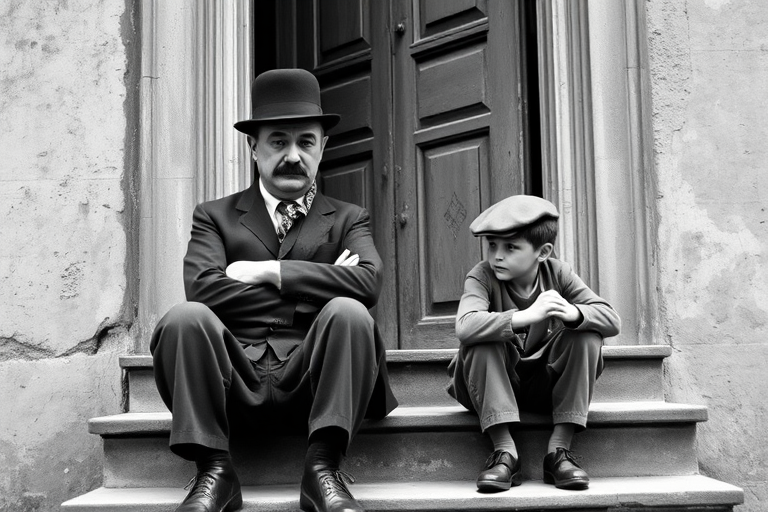 A black-and-white photograph of a man and a child sitting on steps in front of a doorway. The man is dressed as a tramp with a bowler hat, mustache, and ragged clothes, reminiscent of Charlie Chaplin's iconic look. He is sitting with his arms crossed and an expression of slight sadness or frustration. Next to him is a young boy, also in worn clothes and a cap, sitting with his hands clasped, looking thoughtful. The background is an old, textured wall and a partially open door, creating a vintage, early 20th-century atmosphere.