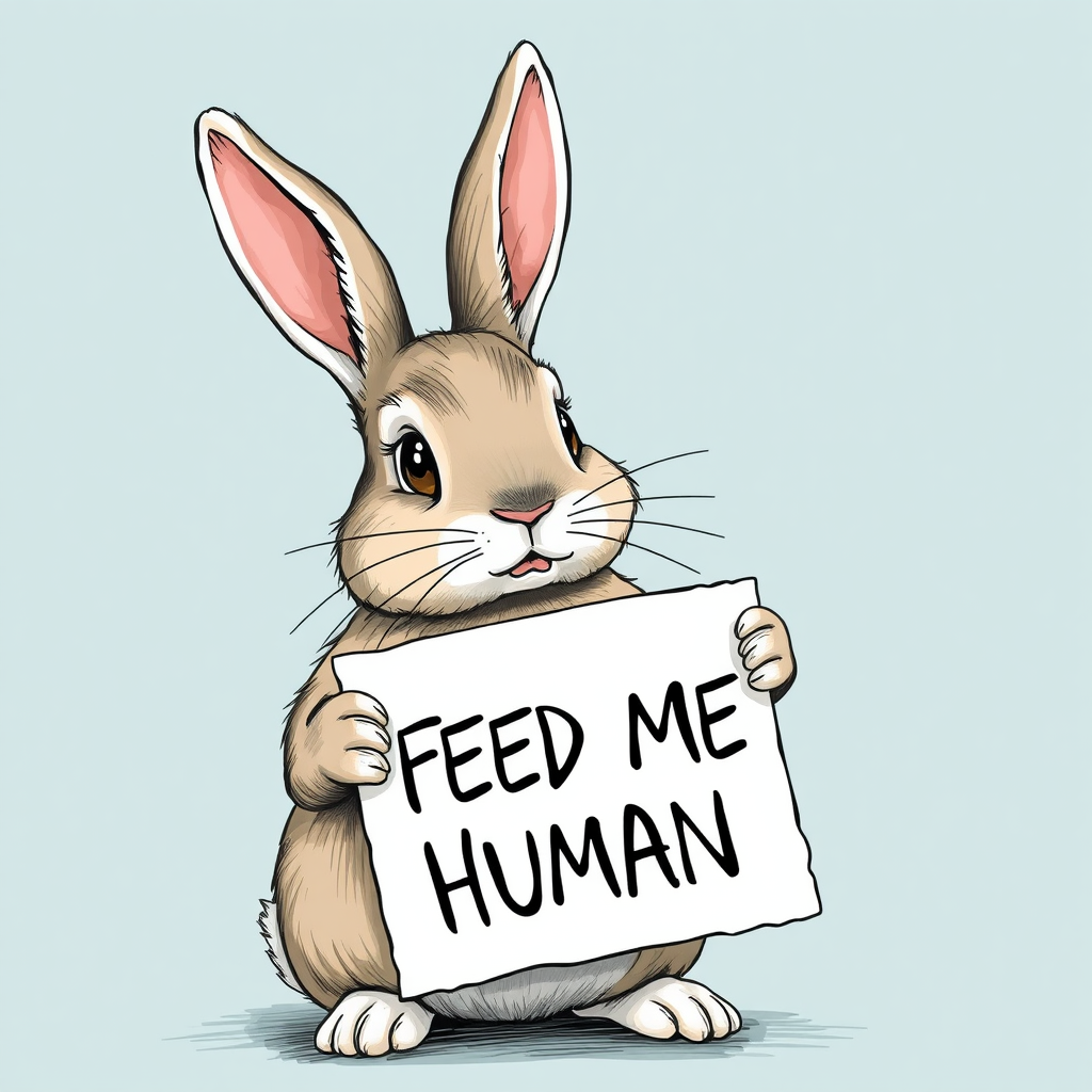 rabbit holding a note which says "FEED ME HUMAN"
