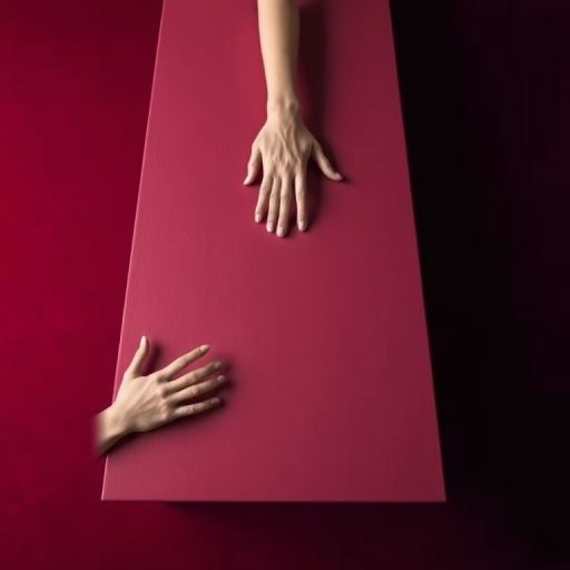 create an image of a long table with abstract hands reaching towards it, minimalistic style, rich burgundy background, soft focus, aperture f/2.8, ISO 100, 50mm lens, top-down view, digital art