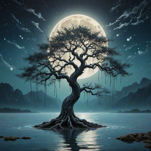 painting of a tree with a full moon in the background and water dripping from its branches, fantasy art, alcohol ink, 3D, 4K, HDRi