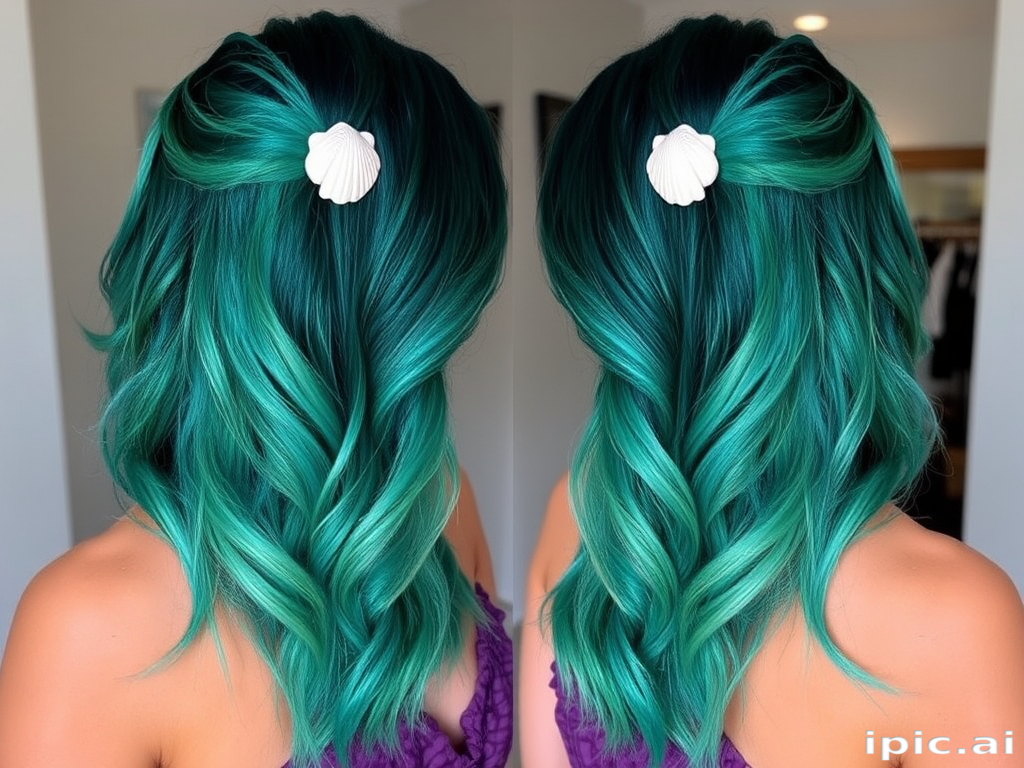 Dramatic silhouette showcases Emerald Mermaid waist-length hair, deep teal base color with lighter sea-green highlights, styled in loose mermaid waves with seashell accessories