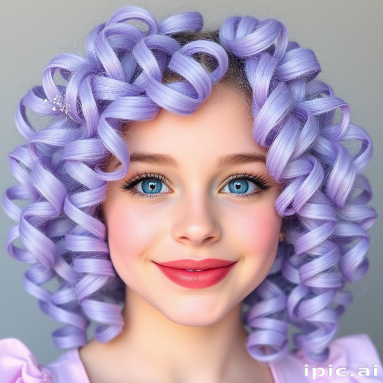 Dreamy periwinkle curls arranged in the "Cotton Candy Cloud" style form soft, bouncy ringlets that frame the face, accented with iridescent glitter for a magical touch