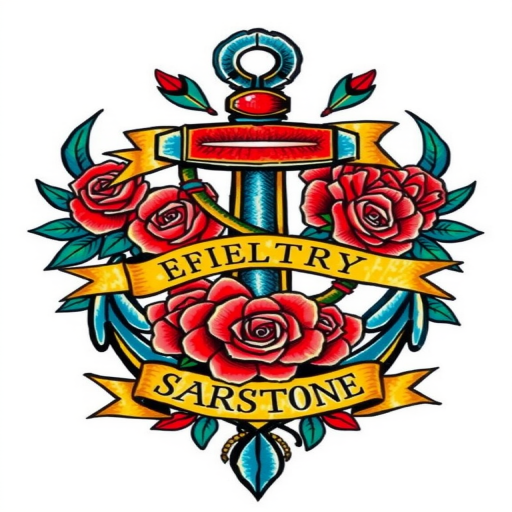 Bold traditional American tattoo named "Sailor's Fortune" featuring a vibrant anchor wrapped in roses and adorned with a banner, rendered in thick black outlines and filled with rich primary colors of red, blue, and yellow, exuding a classic and timeless aesthetic