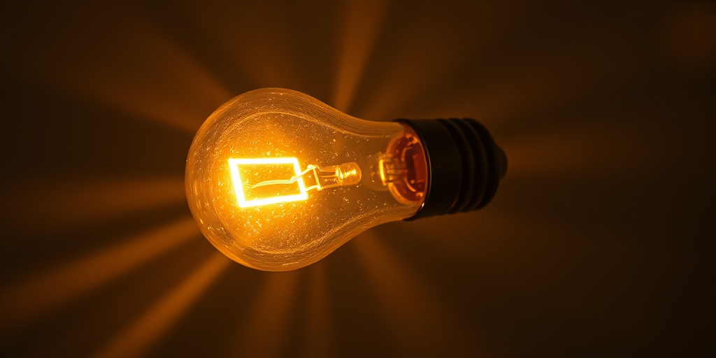 Create a high-resolution image of a light bulb with bright rays emanating from it, using a DSLR camera with a 50mm lens, aperture set to f/1.8, shutter speed of 1/100s, and ISO 200, captured from a slightly angled view to emphasize the bulb's shape and illumination.