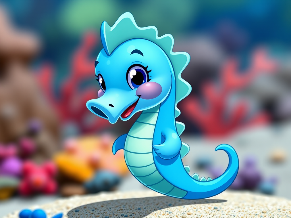 Create a digital illustration of a cute cartoon sea creature resembling a sea horse, using vibrant blue colors, showcasing a friendly expression, in a playful pose, shot with a Canon EOS R5, 50mm lens, f/2.8 aperture, ISO 100, in natural lighting for an enhanced vibrant quality.