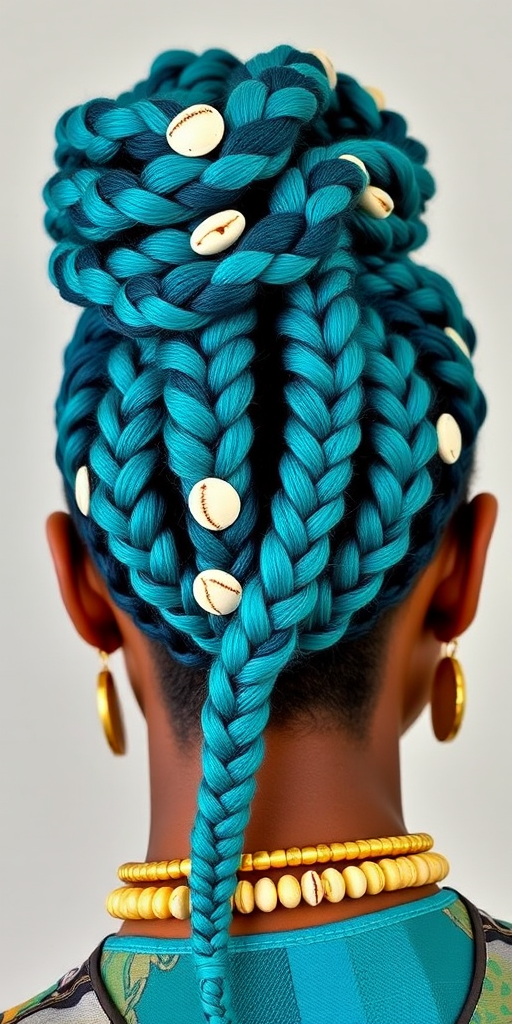 Bold teal and turquoise box braids styled in an intricate updo featuring cowrie shells and gold cuffs, called "Mermaid's Treasure" celebrating cultural heritage and ocean inspiration