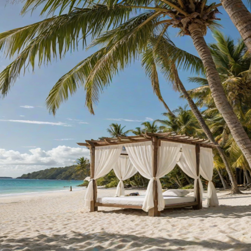 Create a picturesque tropical beach scene featuring a serene, white sandy shore. In the foreground, there's a rustic wooden canopy with white drapes gently flowing in the breeze. Underneath the canopy, a table is set with tropical decor, evoking a sense of relaxation and leisure. The beach extends into a calm, shallow water area with reflections of the sky and surroundings. Palm trees and lush greenery line the edge of the beach, providing a natural, tropical backdrop. The sky is clear with a few scattered clouds, and the overall atmosphere is tranquil and inviting, perfect for a peaceful retreat.