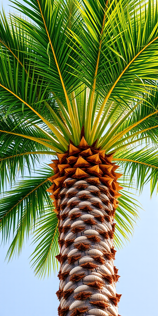 Generate a high-resolution illustration of a palm tree with vibrant green leaves and a textured brown trunk, using a DSLR camera with a 50mm lens, aperture set at f/8, ISO 100, shot from a low angle to emphasize height and detail, in natural light.