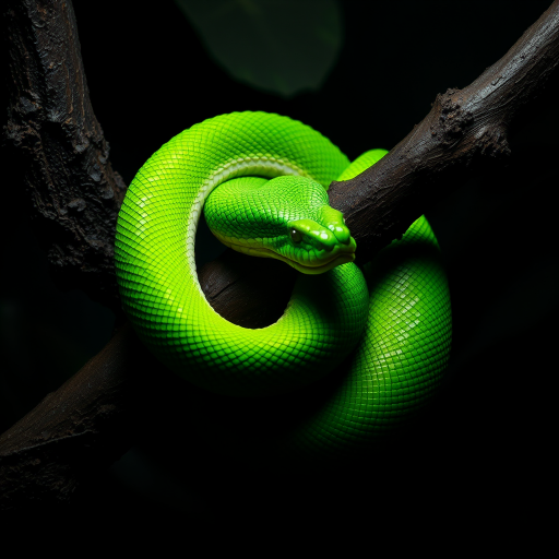 Create an image of a vibrant green snake coiled around a dark, textured branch in a dimly lit environment, focusing on the snake's intricate scales and the contrast between the green and the brown of the branch.