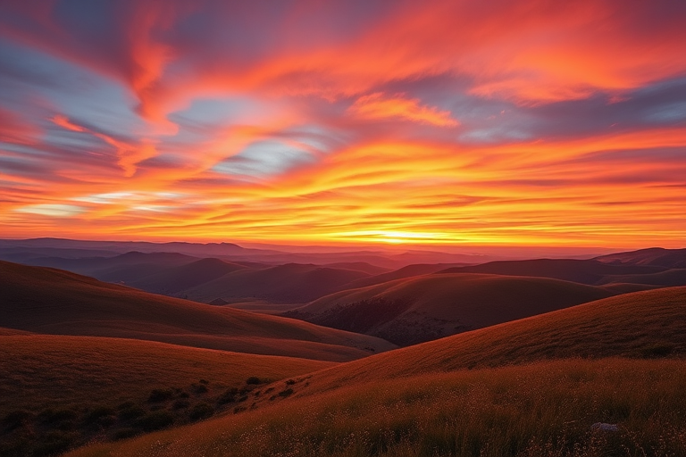 Create a high-resolution image of a serene landscape with rolling hills at sunset, featuring vibrant oranges and purples in the sky, captured with a Canon EOS 5D Mark IV, 50mm lens, aperture f/1.8, ISO 100, and a wide-angle view to capture the expansive scene.