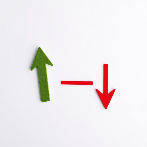 Create an image of a green upward arrow and a red downward arrow on a plain background, using a Canon EOS 90D camera at f/8, ISO 100, with a 50mm lens, in a top-down view, high resolution.
