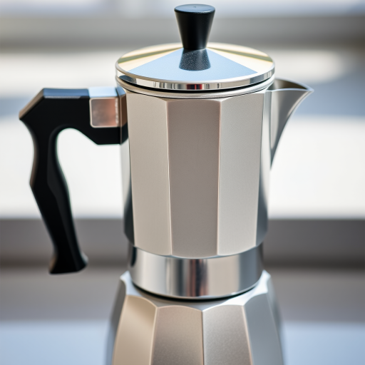 Create a high-resolution image of a moka pot with a shiny metallic finish and a sleek black handle, using a DSLR camera with a 50mm lens at f/2.8, positioned at eye level, in natural light to enhance reflections and details.