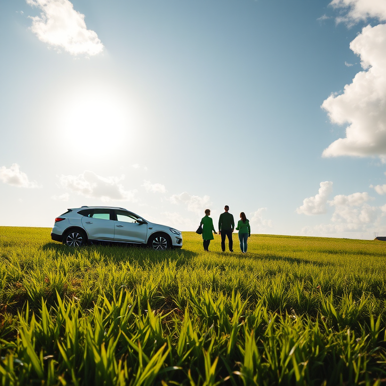 white silhouettes of a car, house, and family standing on vibrant green grass with a bright sun and clouds, taken with a DSLR camera, 50mm lens, f/1.8 aperture, ISO 100, natural lighting, wide-angle view to capture details.