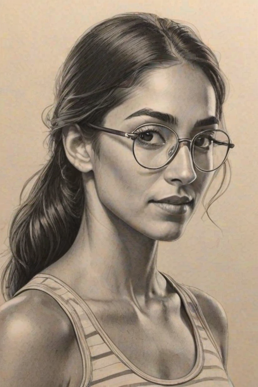 Delightful Allison Stokke, pencil sketch, portrait of Gorgeous woman 1930s in glasses, hair style beatnik, outline, clear lines, fine lines, 8k
