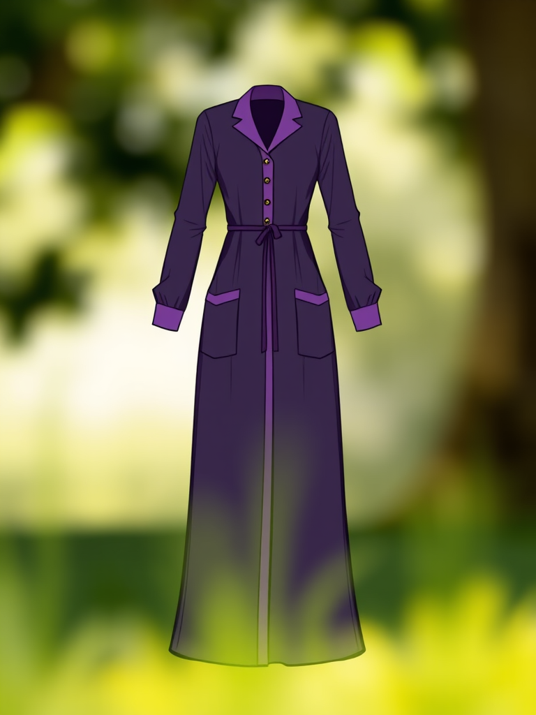 Create a detailed illustration of a long dress with a purple long-sleeve design, featuring a dark purple body, a contrasting light purple collar and pockets, centered in the frame with a soft focus background, using a DSLR camera with an aperture of f/2.8, shutter speed of 1/100s, ISO 100, and a focal length of 50mm.