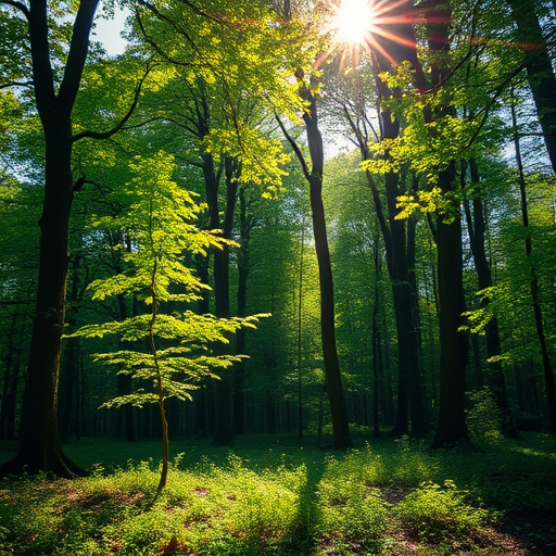 Regenerate a vibrant nature scene featuring a lush forest with sunlight filtering through the trees, taken with a DSLR camera at f/2.8 aperture, 50mm lens, ISO 100, 1/200 sec shutter speed, shot from a low angle to capture depth and details.