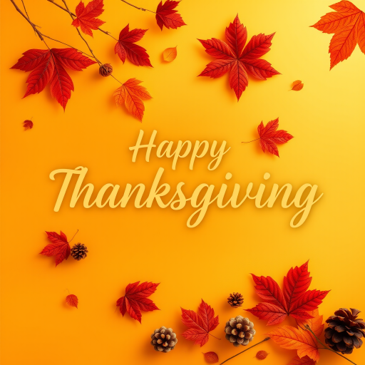 Create a warm and festive autumn-themed image with a gradient background of orange and yellow hues. Include a variety of falling leaves in shades of red, orange, and brown. In the center, display the text "Happy Thanksgiving" in a stylish and inviting font, using a dark brown color for contrast. Add subtle decorative elements like pine cones and additional leaves for a cozy, seasonal feel.