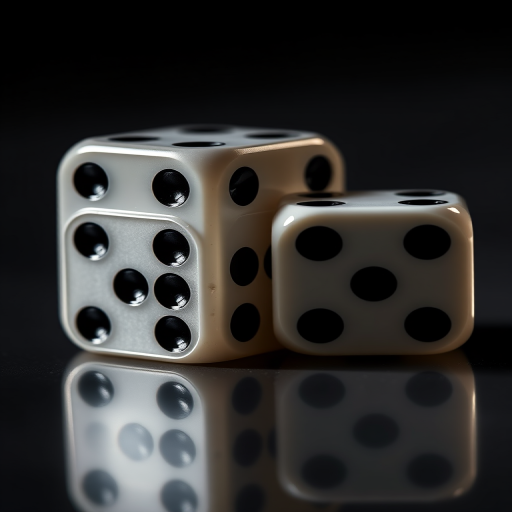 Create a highly detailed image of two dice displaying black dots, using a DSLR camera with a 50mm lens, aperture set to f/4, ISO 100, in a close-up view with soft lighting to enhance reflections and shadows.