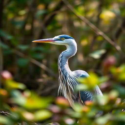 heron in natural habitat with blurred foliage in foreground, using a Canon EOS R5 camera, 100mm f/2.8 macro lens, aperture f/4, ISO 200, shutter speed 1/500s, shot in portrait mode, natural lighting, shallow depth of field