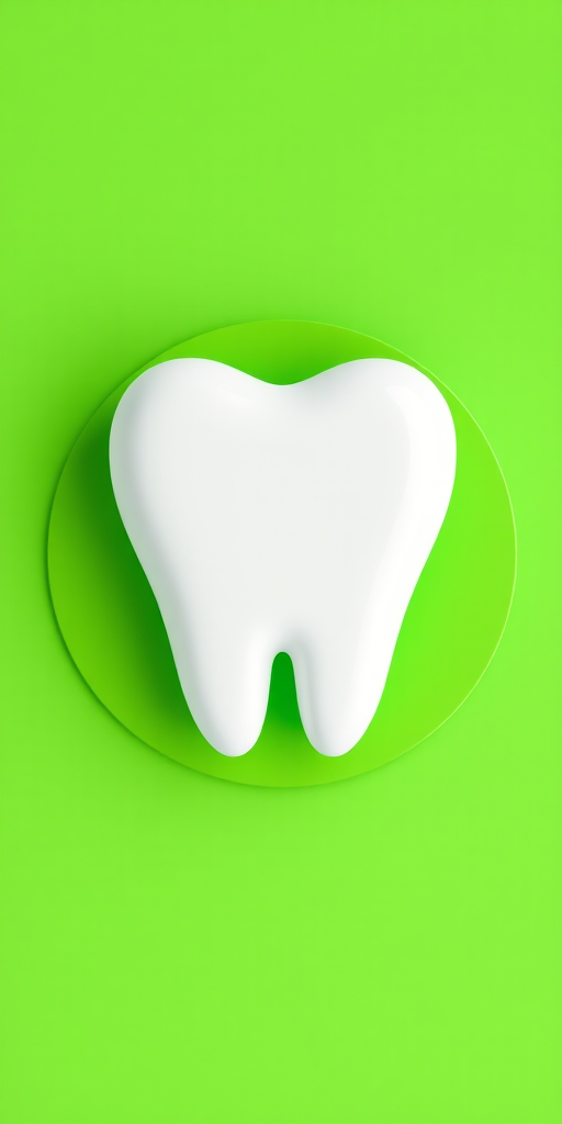Create a high-resolution image of a shiny white tooth icon on a vibrant green circular background, using 50mm lens, f/2.8 aperture, ISO 100, and a flat lay view with studio lighting for enhanced clarity and detail.