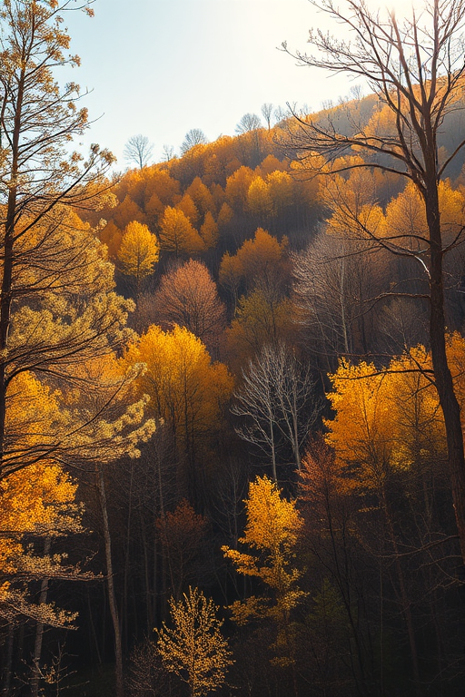 regenerate an image of a sunlit forest hillside during autumn with vibrant yellow and brown foliage, captured with a Canon EOS R5, 50mm lens, f/8 aperture, ISO 100, 1/200 sec exposure, landscape view, natural light, focus on depth and texture in the trees