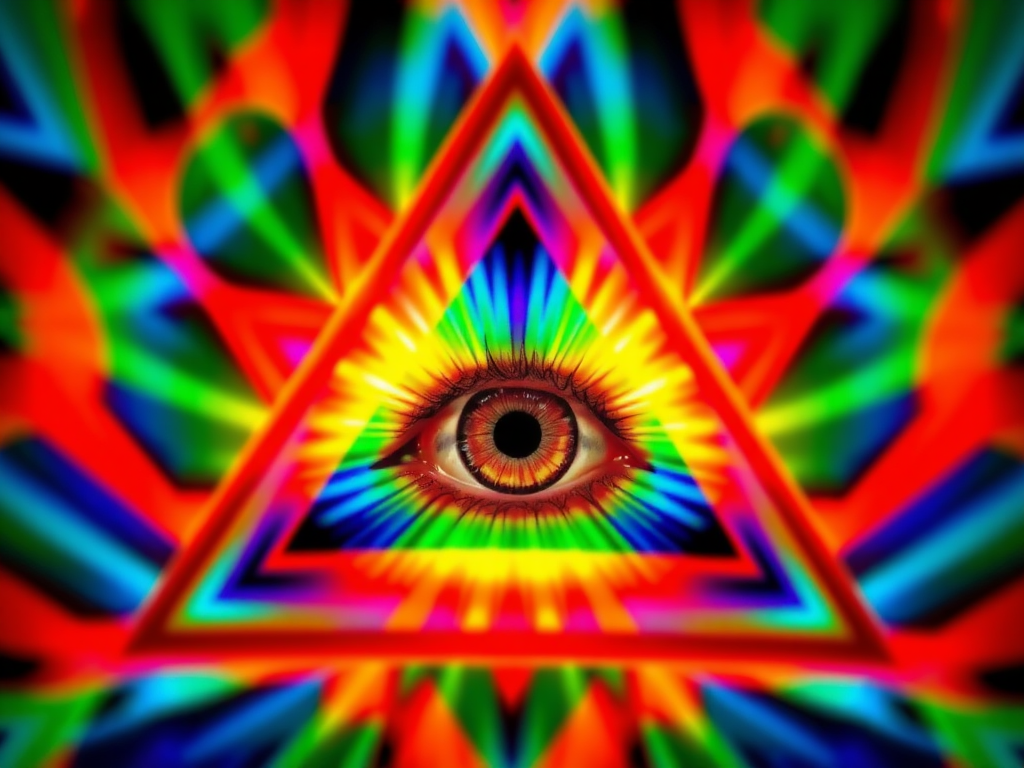 Create a vibrant optical illusion image featuring an eye within a multi-colored triangular pattern radiating light, captured with a DSLR camera at f/8, ISO 100, 1/60s, using a macro lens from a close-up view to enhance details and colors.