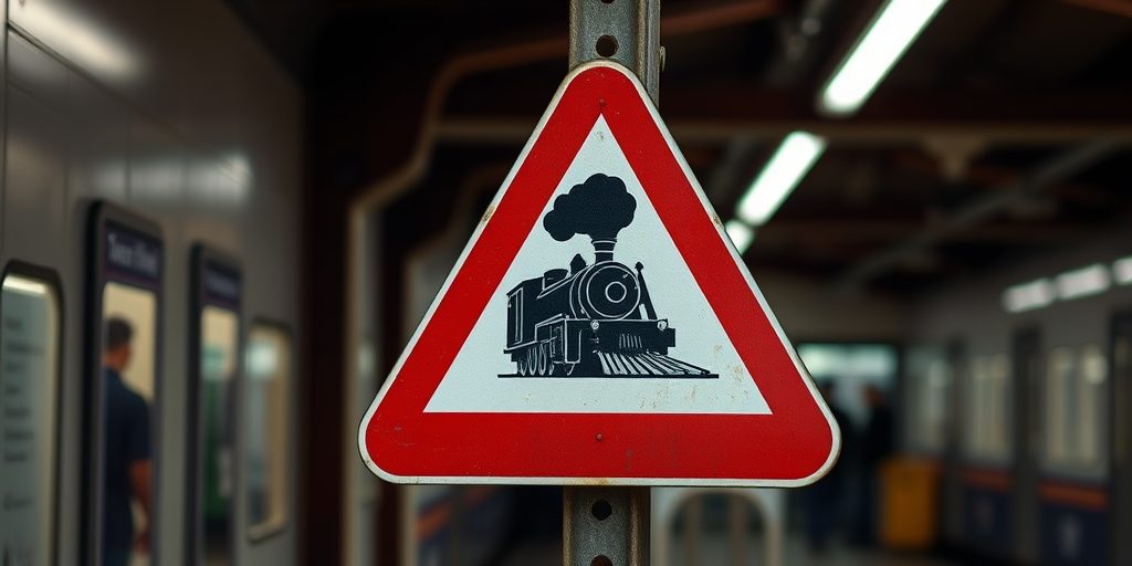Regenerate a warning sign featuring a silhouette of a steam locomotive in a triangular red and white design, using a DSLR camera, aperture f/8, ISO 100, shutter speed 1/125s, with a focus on sharpness and contrast in a well-lit environment.