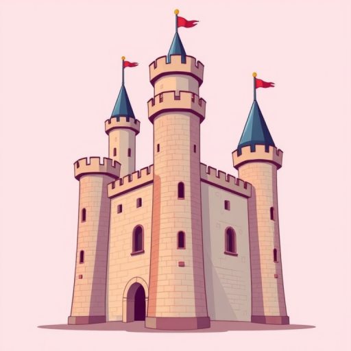Create an illustration of a medieval castle tower with three turrets, using a flat design style, vibrant colors, and a clean background; camera settings: f/8 aperture, 1/100s shutter speed, ISO 100; camera view: eye level, camera style: digital illustration, camera type: graphic tablet.