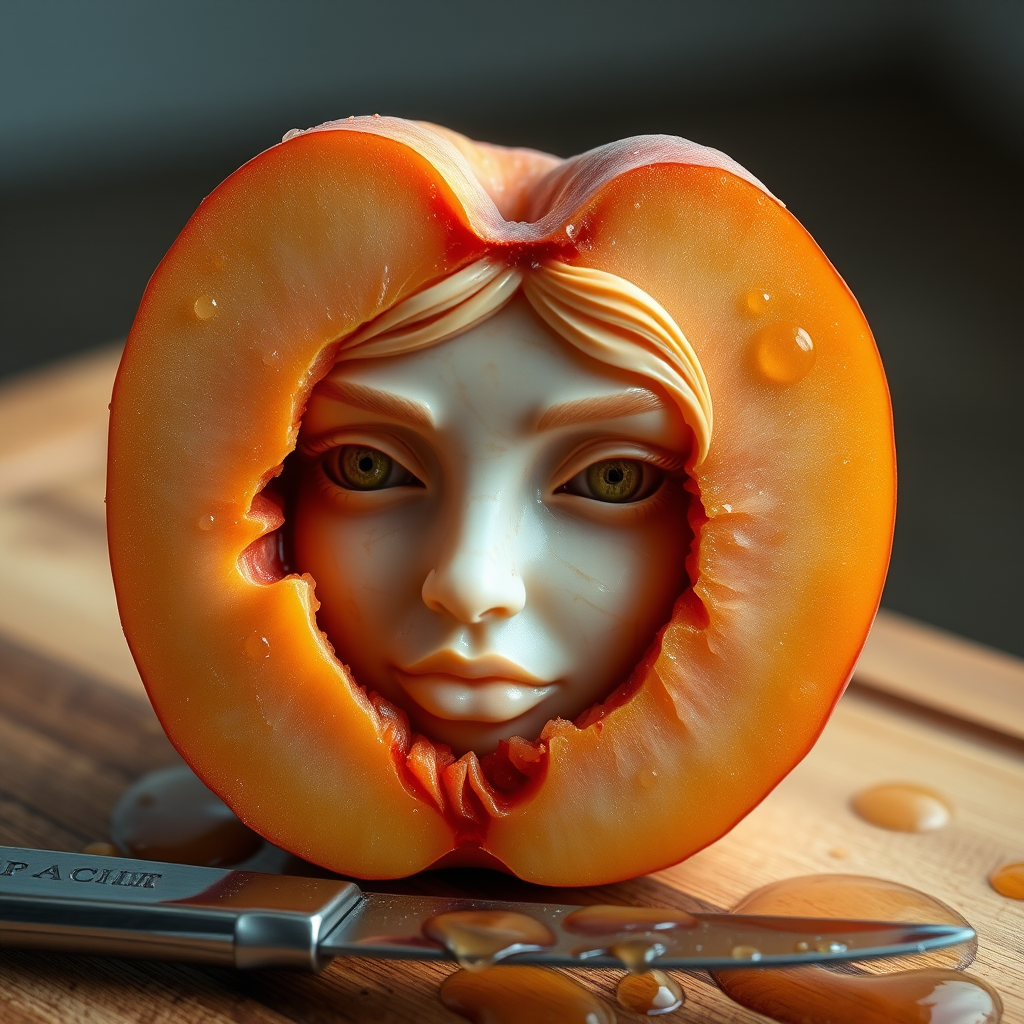 A hyperdetailed photorealistic macro color saturated high resolution image of a peach cut in half, with the peach pit being a highly detailed sculpted woman's face with her eyes open and peach-colored irises. The face has a marble texture. The image includes condensation, moisture, and peach juice. The peach is on a wooden cutting board with a small fruit knife nearby, also covered with juice.