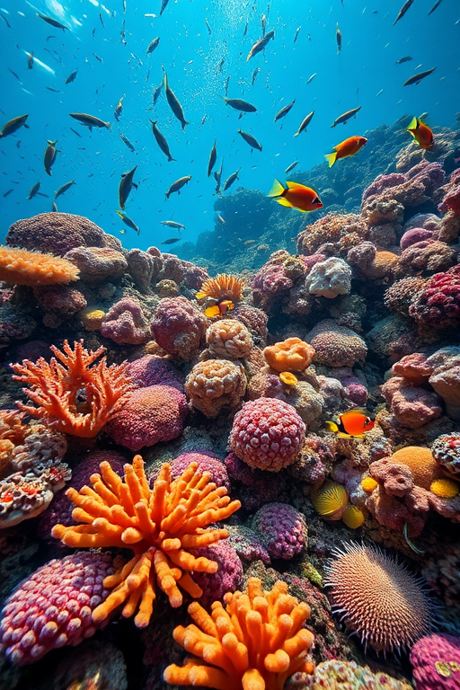 Regenerate a vibrant coral reef scene with diverse marine life, using a DSLR camera, ISO 200, f/8, 1/200 sec, 50mm lens, top-down view, macro style for enhanced detail and clarity.