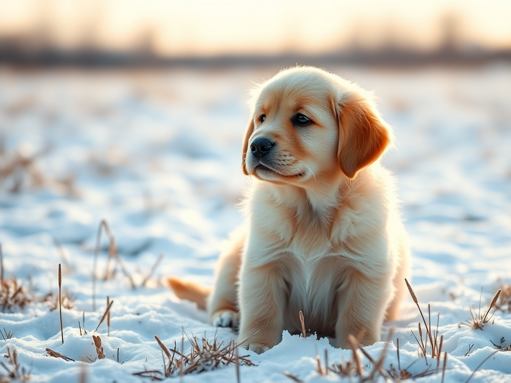 Generate an image of a golden retriever puppy sitting in a snowy field during daylight, use a DSLR camera with a 50mm lens, aperture set to f/2.8 for a shallow depth of field, ISO 200, and a shutter speed of 1/200 sec, with soft natural lighting and a slight bokeh effect in the background.