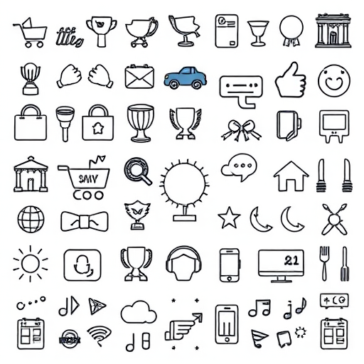 Create a high-resolution image of various doodle-style icons representing shopping, awards, and communication elements arranged in a grid pattern, shot with a Canon EOS R5 at f/4, ISO 100, 24mm focal length, using natural lighting for enhanced clarity and detail.